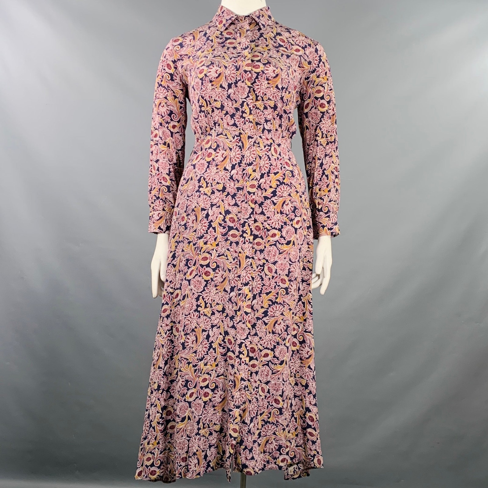 Max Mara Size 12 Navy Burgundy Silk Abstract Floral Long Shirt Dress